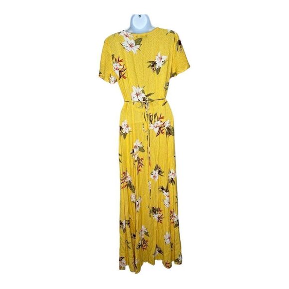 Lulus Wrap Dress Womens XS Floral Maxi Yellow Tropical Print Slit Short Sleeve - Picture 2 of 11